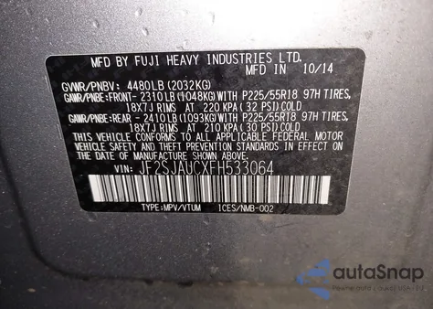 2015 Subaru Forester 2.5I Touring z USA, uszkodzony, nr VIN JF2SJAUCXFH533064